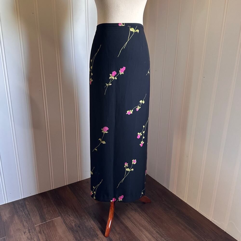 Vintage 90s/Y2K Whimsigoth Black Floral Maxi Skirt 14